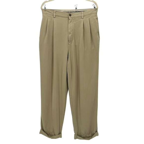 Tommy Bahama Relax Mens 33 Pants Silk Pleated Cuffed Tan Straight Leg - Picture 1 of 11